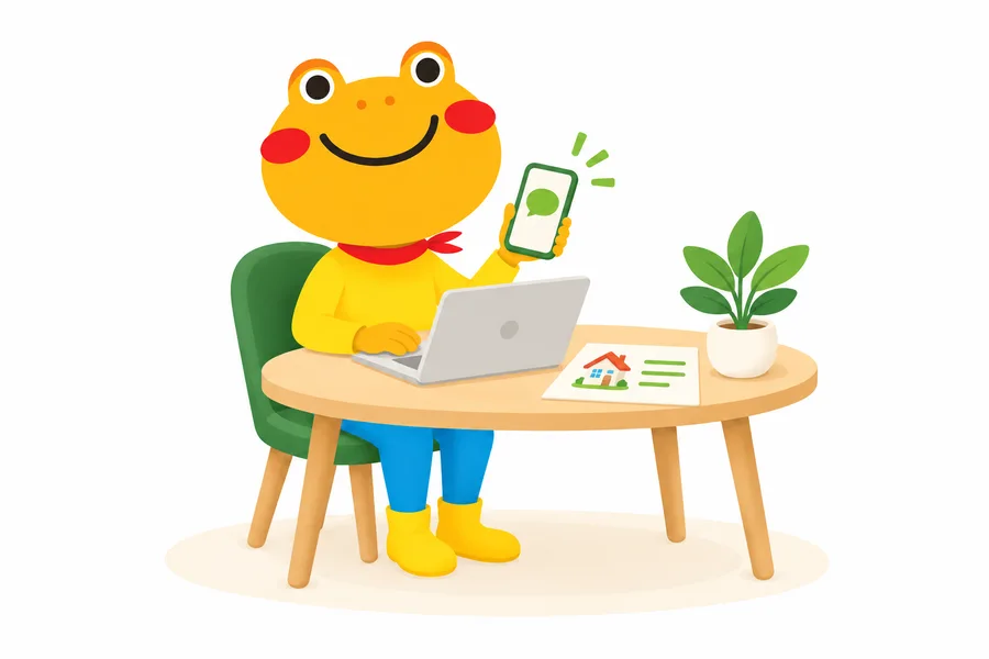 パソコンとスマートフォンでオーナー様へ管理状況を報告するカエルームのキャラクター