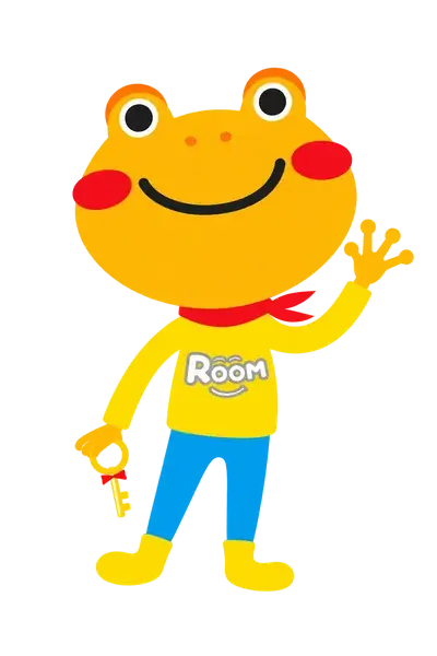 手を振ってお迎えするカエルームの公式キャラクター