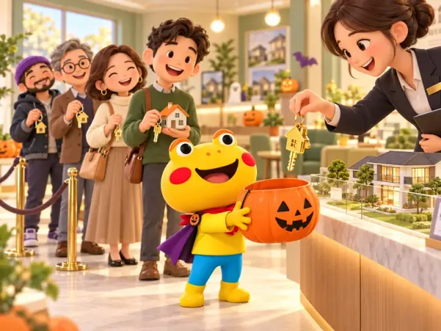 家の鍵をもらう行列でカボチャのバケツを差し出すカエルームのキャラクター