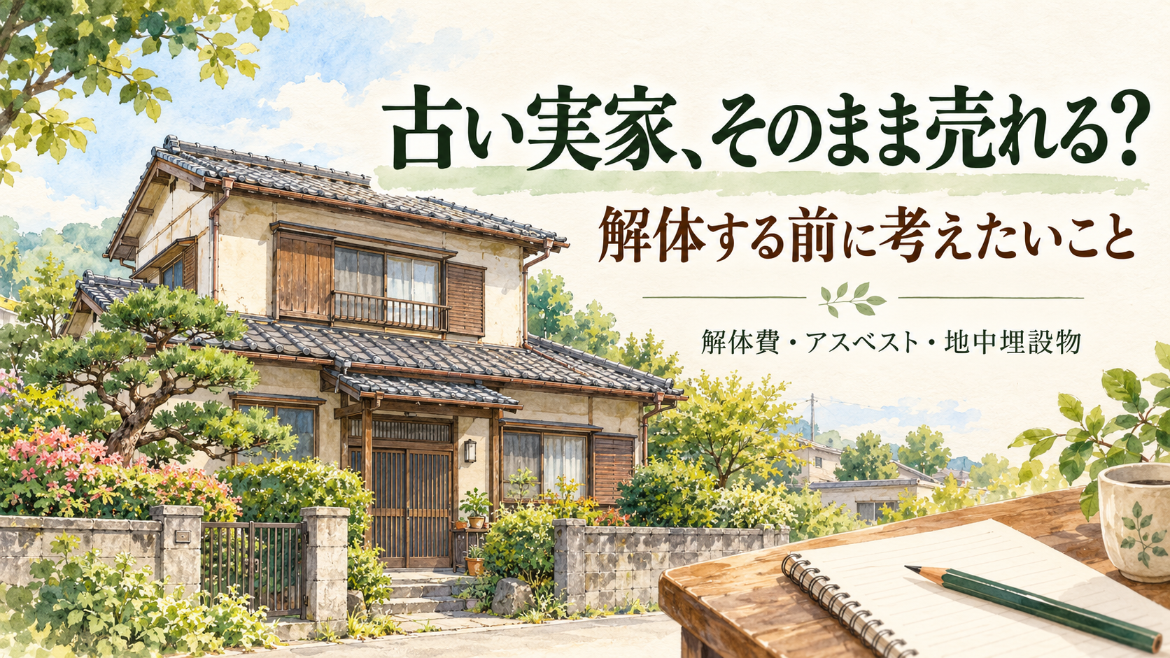 古い実家、そのまま売れる？解体する前に考えたいこと。解体費・アスベスト・地中埋設物をテーマに、古い日本家屋と手帳を描いたイラスト。